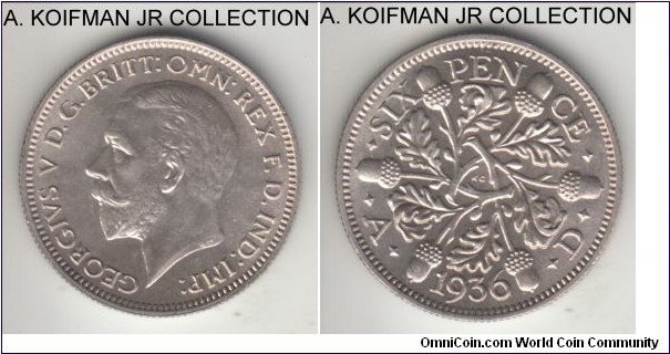 KM-832, 1936 Great Britain 6 pence; silver, reeded edge; George VI, last year of issue, choice to gem uncirculated.