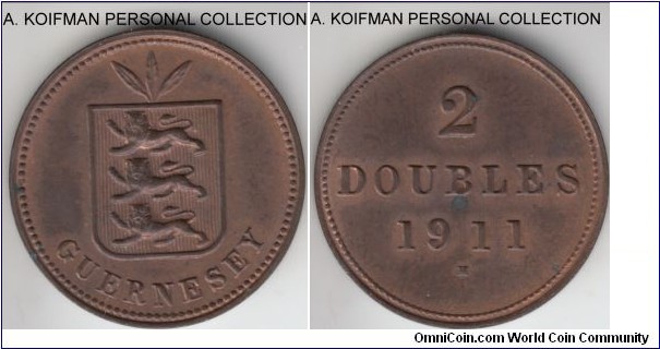 KM-9, 1911 Guernsey 2 doubles, Heaton mint (H mint mark); bronze, plain edge; brown average uncirculated, mintage 29,000.
