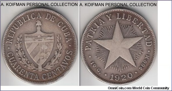 KM-14, 1920 Cuba 40 (cuarenta) centavos; silver, reeded edge; fine to very fine, few rim bumps, this looks to be a high relief star variety as far as I can see.