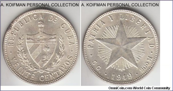 KM-13.2, 1949 Cuba 20 (viente) centavos; silver, reeded edge; about uncirculated, dark spot on obverse at the rim.