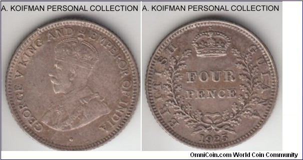KM-29, 1925 British Guiana 4 pence; silver, reeded edge; mintage 30,000, extra fine or almost.