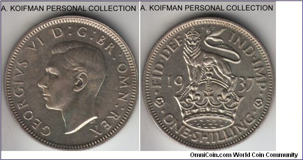 KM-853, 1937 Great Britain shilling; silver, reeded edge; English crest, nice lustrous uncirculated coin.