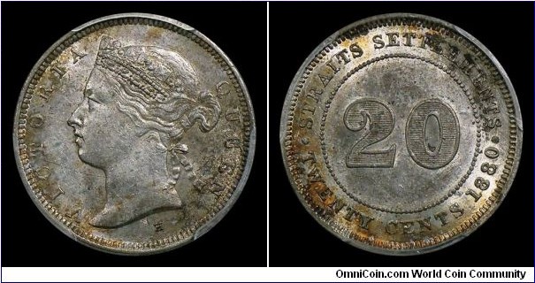British crown colony, Straits Settlements, Queen Victoria, 20¢, 1880. Heaton mint. Silver. KM# 12. Scarce date. Extremely fine (in US plastic holder, PCGS AU55.)
