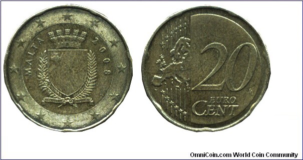 Malta, 20 cents, 2008, Brass, 22.25mm, 5.75g, Coat of Arms.