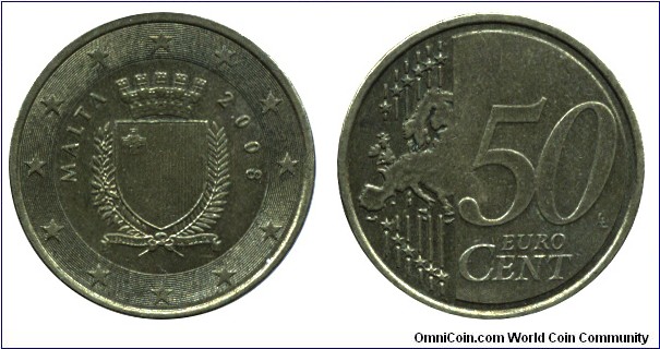 Malta, 50 cents, 2008, Brass, 24.25mm, 7.8g, Coat of Arms.