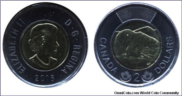 Canada, 2 dollars, 2016, bi-metallic, Queen Elizabeth II, Polar Bear