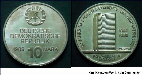 German Democratic Republic (East Germany) 10 mark.
1989, 40 Years of Council for Mutual Economic Assistnce.