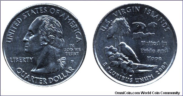 USA, 1/4 dollar, 2009, Cu-Ni, 24.26mm, 5.67g, MM: P, U.S. Virgin Islands, United in Pride and Hope, George Washington