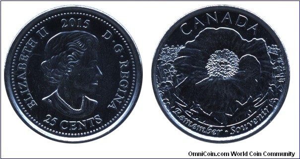 Canada, 25 cents, 2015, Queen Elizabeth II, Remember Souvenir.
