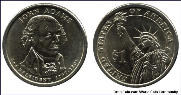 USA, 1 dollar, 2007, Mn-Brass, 26.5mm, 8.07g, MM: P, John Adams, 2nd President, 1797-1801.