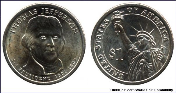 USA, 1 dollar, 2007, Mn-Brass, 26.5mm, 8.07g, MM: D, Thomas Jefferson, 3rd President, 1801-1809.