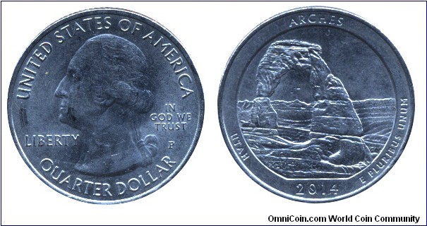USA, 1/4 dollar, 2014, Cu-Ni, 24.26mm, 5.67g, MM: P, G. Washington, Arches, Utah.