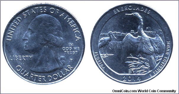 USA, 1/4 dollar, 2014, Cu-Ni, 24.26mm, 5.67g, MM: P, G. Washington, Everglades, Florida.