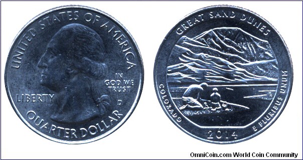 USA, 1/4 dollar, 2014, Cu-Ni, 24.26mm, 5.67g, MM: D, G. Washington, Great Sand Dunes, Colorado.