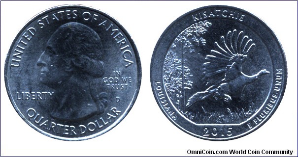 USA, 1/4 dollar, 2015, 24.26mm, 5.67g, MM: D, G. Washington, Kisatchie, Louisiana.