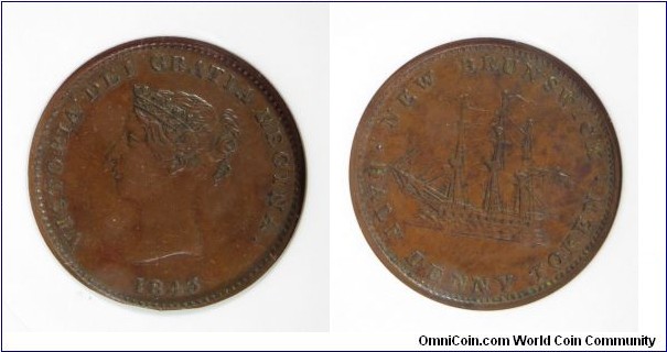 KM-1, 1843 New Brunswick (Canada province) halfpenny token; copper, plain edge; provincial token coinage, ANACS graded EF40 (#564945), I could not identify the variety.