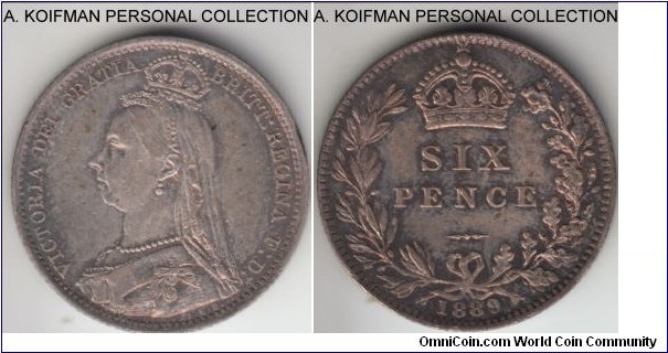 KM-760, 1889 Great Britain 6 pence; silver, reeded edge; good very fine or slightly better, reverse is nice.