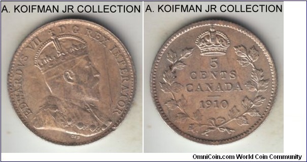 KM-13, 1910 Canada 5 cents; silver, reeded edge; Edward VII, pointed (holly) leaves variety, about uncirculated.