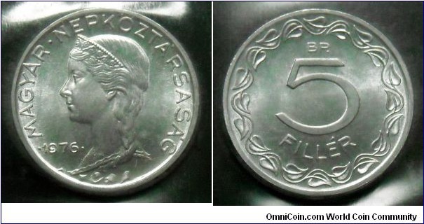 Hungary 5 filler from 1976 annual coin set.
Mintage: 50.005 pieces.