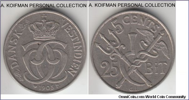 KM-77, 1905 Danish West Indies 25 bits of 5 cents; nickel, plain edge; very fine or slightly better, small mintage of 199,000 and a one year issue.