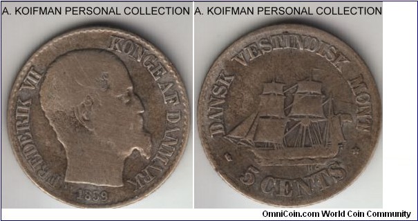 KM-65, 1859 Danish West Indies 5 cents; silver, reeded edge; circulated, some cleaning on obverse, mintage of 150,000, scarce but not rare.