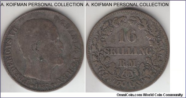 KM-765, 1857 Denmark 16 skilling rigsmontl silver, reeded edge, very good to fine, dark toned.