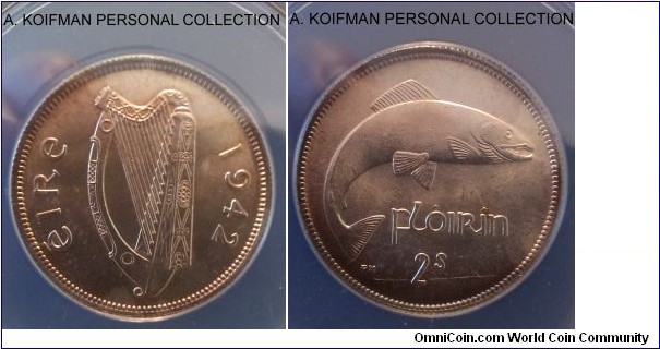 KM-15, 1942 Ireland florin; silver, reeded edge; ANACS graded MS 64, small mintage of 109,000 but probably most of it went stored as they are not rare or expensive at all.