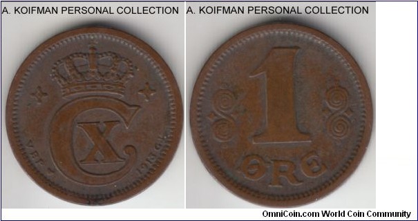 KM-812.1, 1913 Denmark 2 ore; bronze, plain edge; fine to very fine details, dirty.