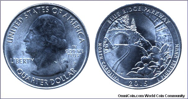 USA, 1/4 dollar, 2015, Cu-Ni, 24.26mm, 5.67g, MM: P, G. Washington, Blue Ridge Parkway, North Carolina.