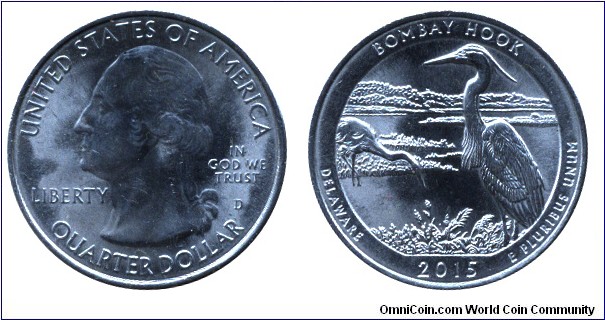 USA, 1/4 dollar, 2015, Cu-Ni, 24.26mm, 5.67g, MM: D, G. Washington, Bombay Hook, Delaware.