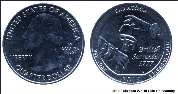 USA, 1/4 dollar, 2015, Cu-Ni, 24.26mm, 5.67g, MM: D, G. Washington, Saratoga, New York, British Surrender, 1777.