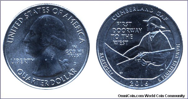 USA, 1/4 dollar, 2016, Cu-Ni, 24.26mm, 5.67g, MM: D, G. Washington, Cumberland Gap, Kentucky, First Doorway to the West.