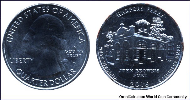 USA, 1/4 dollar, 2016, Cu-Ni, 24.26mm, 5.67g, MM: D, G. Washington, Harpers Ferry, West Virginia, John Brown's Fort.
