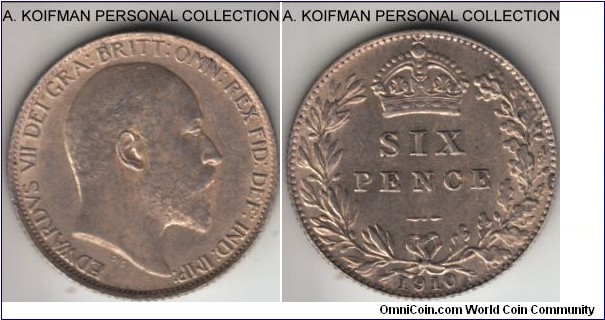 KM-799, 1910 Great Britain 6 pence; silver, reeded edge; about uncirculated, nice and lustrous.