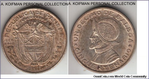 KM-18, 1953 Panama 1/10 balboa; silver, reeded edge; toned about uncirculated or better, interestingly struck with freshly cleaned reverse dies showing lots of striation marks in the fields (opposite of the cleaned raised dies surface).