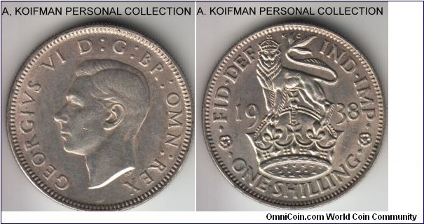 KM-853, 1938 Great Britain shilling; silver, reeded edge; English crest, smallest mintage of the type, extra fine or about.