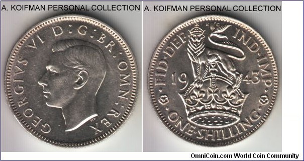 KM-853, 1943 Great Britain shilling, English crest; silver, reeded edge; bright lustrous, average uncirculated.
