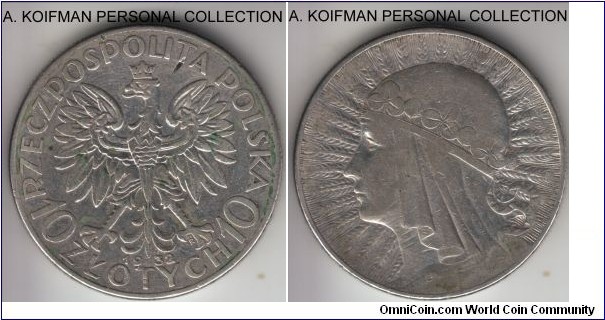 Y#22, 1932 Poland 10 zlotych, Warsaw mint (arrow mint mark); silver, reeded edge; about very fine.