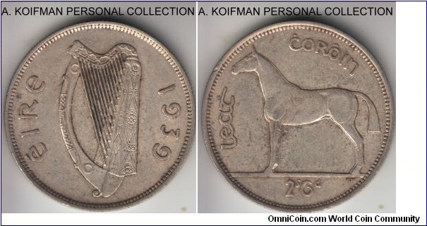 KM-16, 1939 Ireland half crown; silver, reeded edge; good very fine to about extra fine, circulated but strong rims and details.
