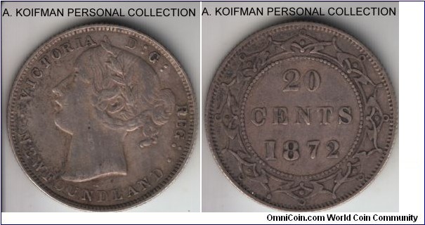 KM-4, 1872 Newfoundland 20 cents, Heaton mint (H mintmark); silver, reeded edge; decent very fine, mintage 90,000.