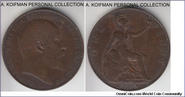 KM-792.2, 1905 Great Britain penny; bronze, plain edge; very fine or better, but poorly struck - obverse is nice althouygh the flan has lamination or cavern behing King's ear, but reverse is very flatly struck, interesting piece, probably cleaned in the past.