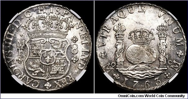 Spanish colonial, Mexico, Charles III, 8 Reales, 1763. Assayer: M.F. (Manuel de León y Francisco Antonio de la Peña y Flores), Mexico City mint. KM# 105, Cayon# 1150. Type of cross between H and I on the obverse. Obv. Crowned and assayer's initials. Rev. Crowned arms. Sharply struck, with fully lustrous surfaces. NGC MS62.
