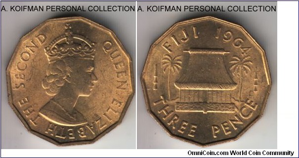 KM-22, 1964 Fiji 3 pence; nickel-brass, plain edge, 12-sided flan; nice bright original lustre.