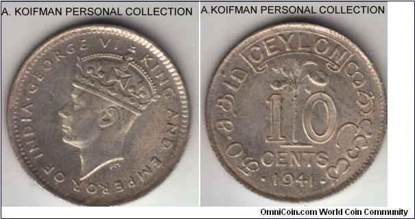 KM-112, 1941 Ceylon 10 cents; silver, reeded edge; nicer uncirculated coin, lightly toned.
