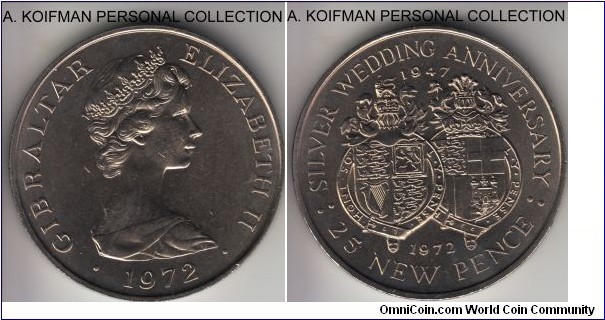 KM-6, 1972 Gibraltar 25 pence; copper-nickel, reeded edge; average uncirculated, mintage 70,000.