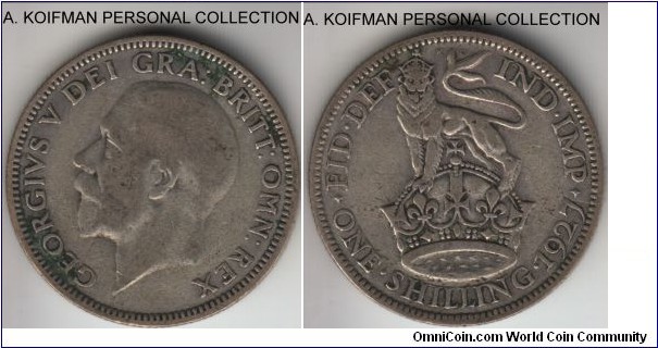 KM-816a, 1924 Great Britain shilling; silver, reeded edge; nicely toned good very fine to about extra fine, second smallest mintage of the type.