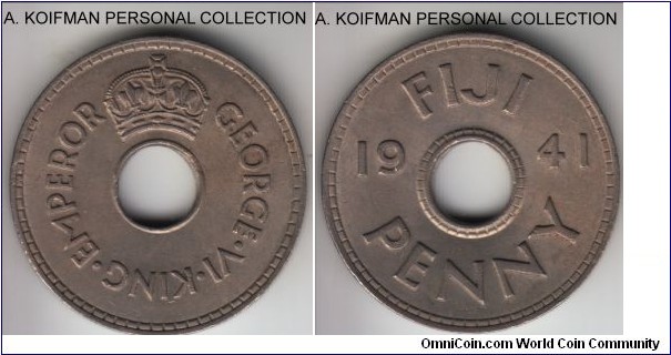 KM-7, 1941 Fiji penny; copper-nickel, plain edge; about uncirculated to average uncirculated, lightly toned.