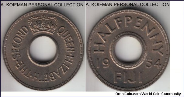 KM-20, 1954 Fiji half penny; copper-nickel, plain edge; bright uncirculated specimen.