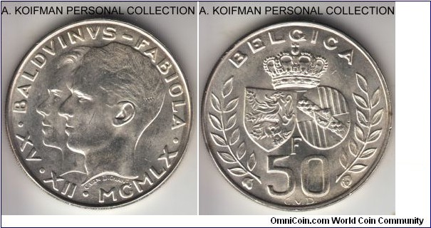 KM-152.1, 1960 Belgium 50 francs; silver, reeded edge; commemorative Baudouin's marriage, full bright white luster uncirculated, few bag marks, coin rotation.