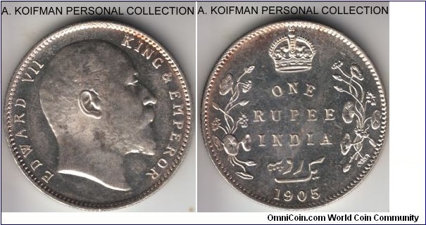 KM-508, 1905 British India rupee, Bombay mint (B mintmark in crown); silver, reeded edge; uncirculated but for a touch of toning and few bag marks with proof like fields, remarkable coin.